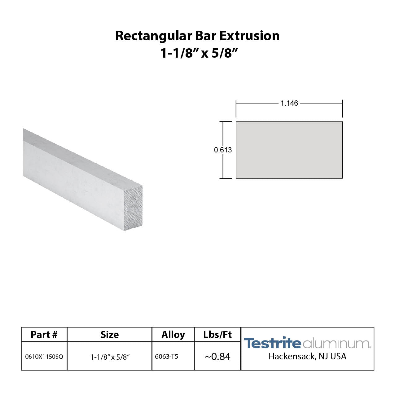 Aluminum rectangle solid bar 5/8" x between 1-1/8" and 1-3/16"