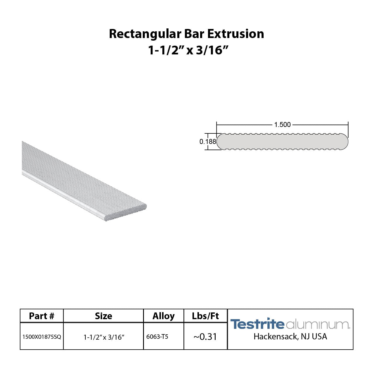 Aluminum Bar extrusion 1-1/2" x 3/16", 1.5" x .1875" aluminum rectangle solid fluted