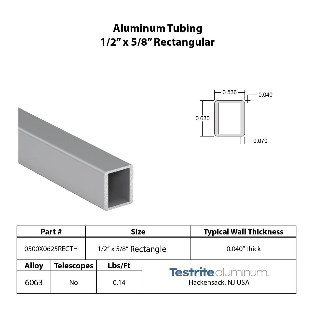 1/2" x 5/8" Aluminum Tube rectangular 0.5" x 0.625" aluminum rectangle tube cut to size