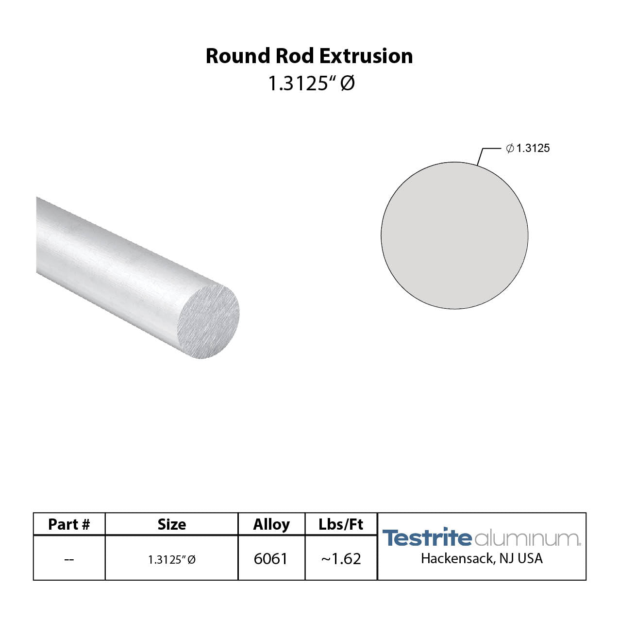 Specifcations sheet for 1-7/16" Aluminum Rod, 1.4375 Round Aluminum Rod Aluminum Round Bar Stock including weight per lbs