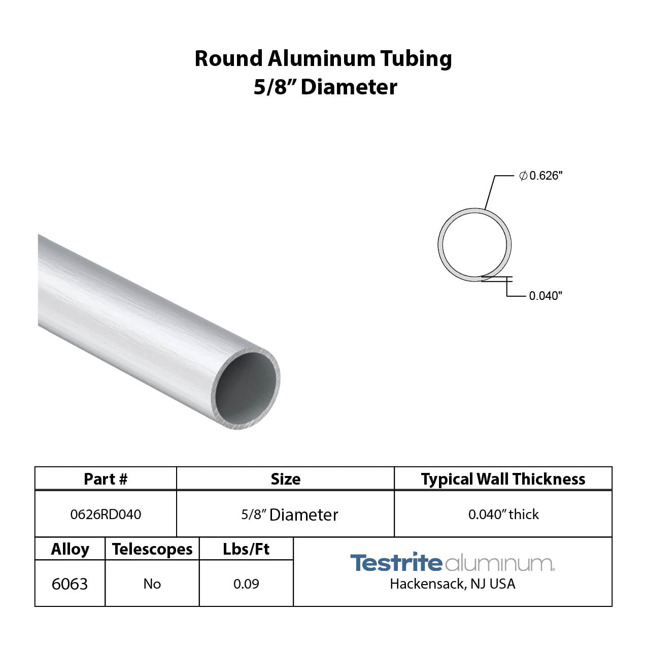 5/8" Diameter aluminum tube x .040" Wall, 5/8" Round Aluminum tube x .040" wall similar to .035" wall