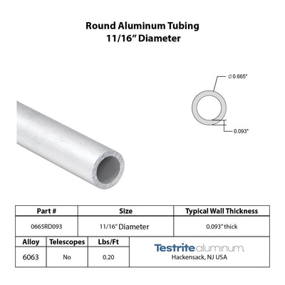Spec sheet for approximately 0.6875" x .090" Aluminum Round Tube, actual size 0.665" Diameter x .093" Wall, nearly a 11/16" x 3/32" Wall round aluminum tube, spec card includes lbs per ft