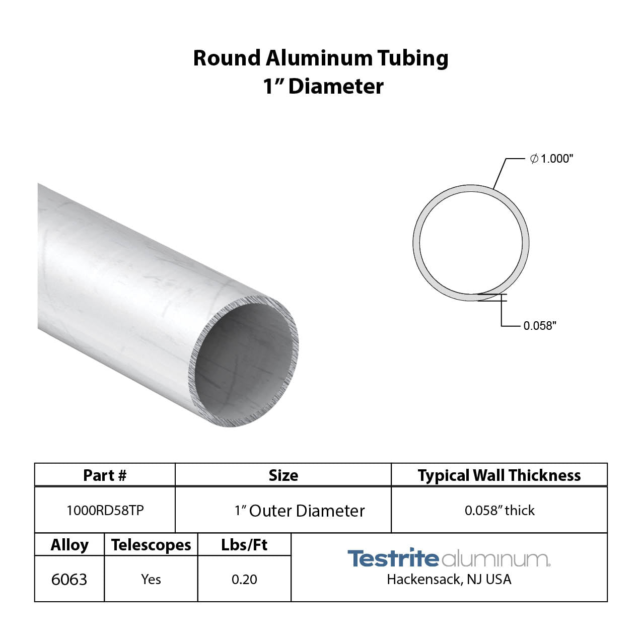 Specifications for 1" OD x .058" Wall Drawn Round Aluminum Tubing Telescopic, 1in OD x .058" wall round aluminum tube, designed to fit inside our 1-1/8" OD x .058" wall tube and to accept our 7/8" OD x .058" Wall tube inside of it, all telescoping compatible
