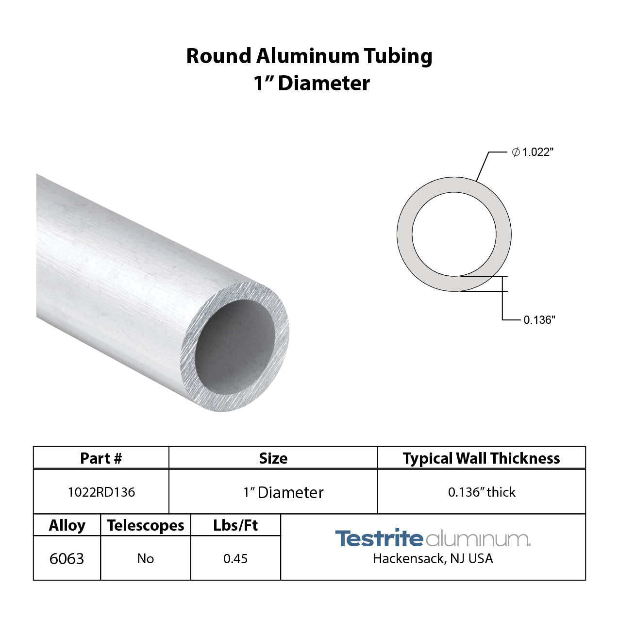 Spec sheet for approximately round aluminum 1" x .125" Aluminum Round Tube, actual size 1.022" Diameter x .136" Wall spec card for round heavy wall 1" tube includes lbs per ft