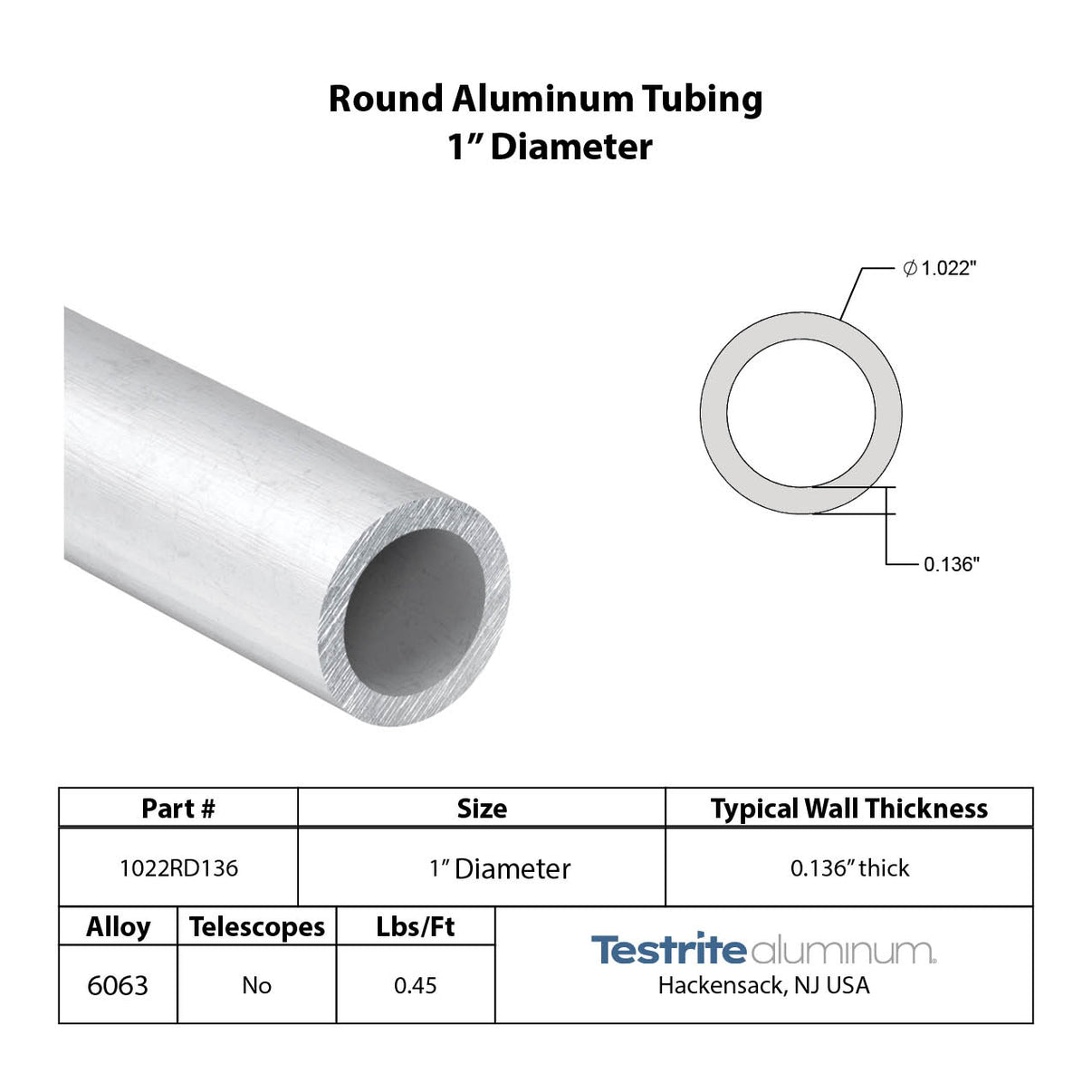 1.022" OD x 0.136" Wall Extruded Round Aluminum Tube 6063T6 Testrite