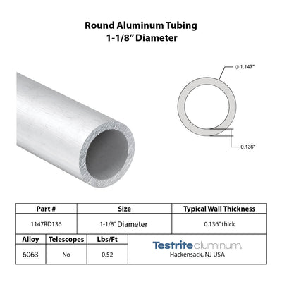 Spec sheet for approximately 1.125" x .125" Aluminum Round Tube, actual size 1.147" Diameter x .136" Wall, nearly a 1-1/8" x 1/8" Wall round aluminum tube, spec card includes lbs per ft