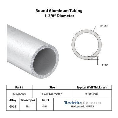Spec sheet for approximately 1.375" x .125" Aluminum Round Tube, actual size 1.397" Diameter x .136" Wall, nearly a 1-3/8" x 1/8" Wall round aluminum tube, spec card includes lbs per ft
