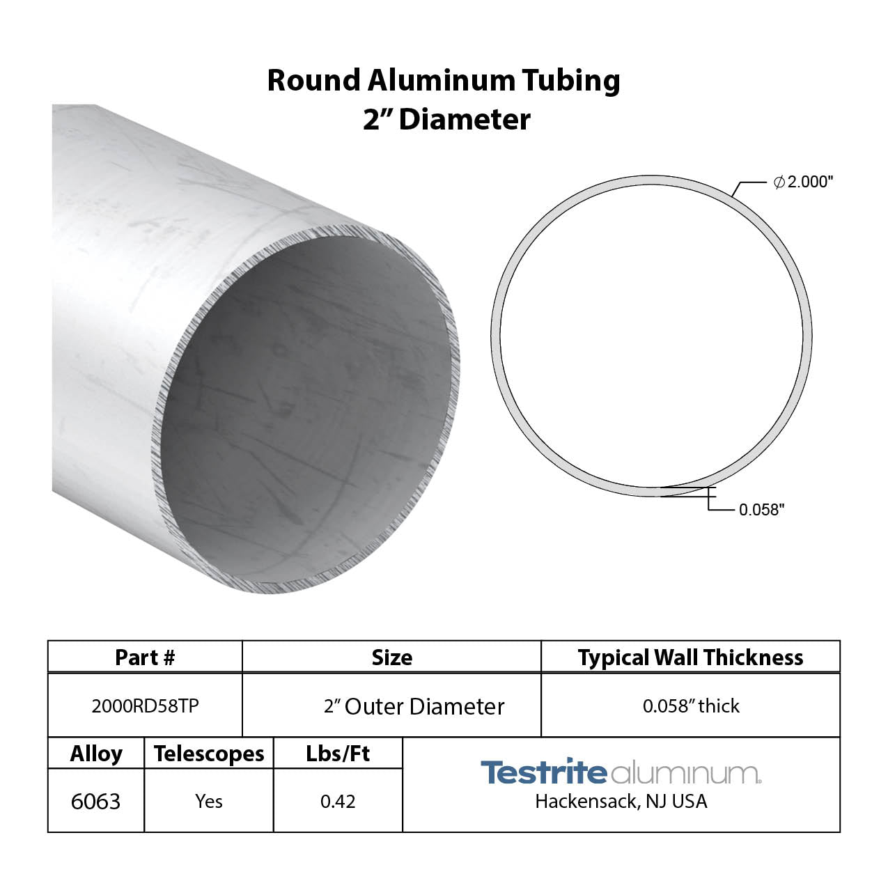 Specifications for 2" OD x .058" Wall Drawn Round Aluminum Tubing Telescopic Compaitble for 1-7/8" x .058" inner tube