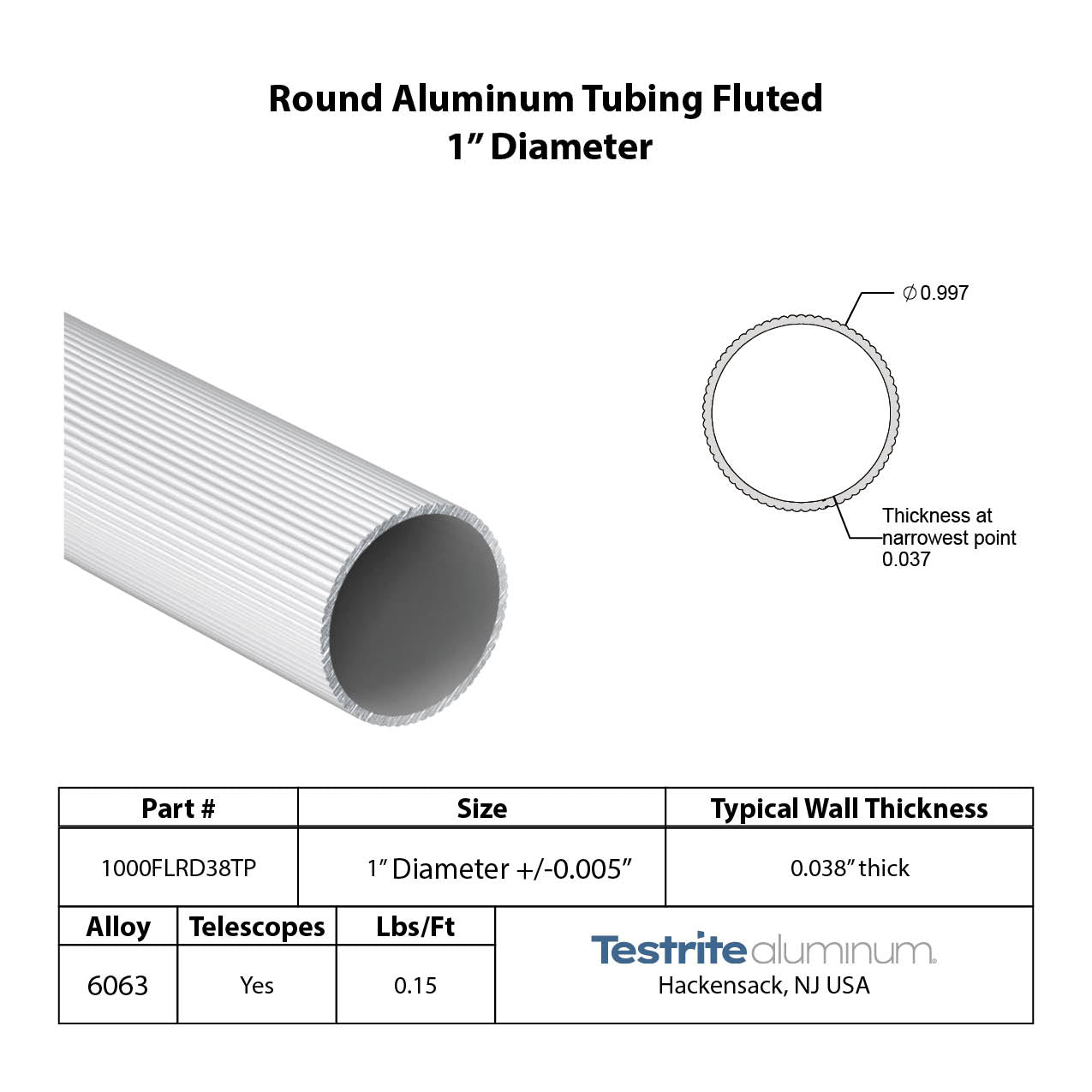 1" Round aluminum tube fluted, fluted 1in aluminum tube with ribs ridges .038" wall similar to .035" wall. Standard tolerances apply