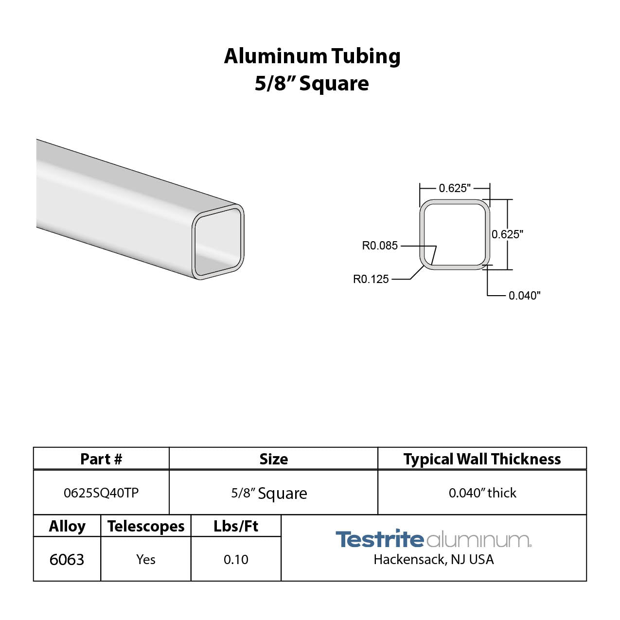 5/8" Square Aluminum Tubing Spec Sheet 0.625" Aluminum Square Hollow