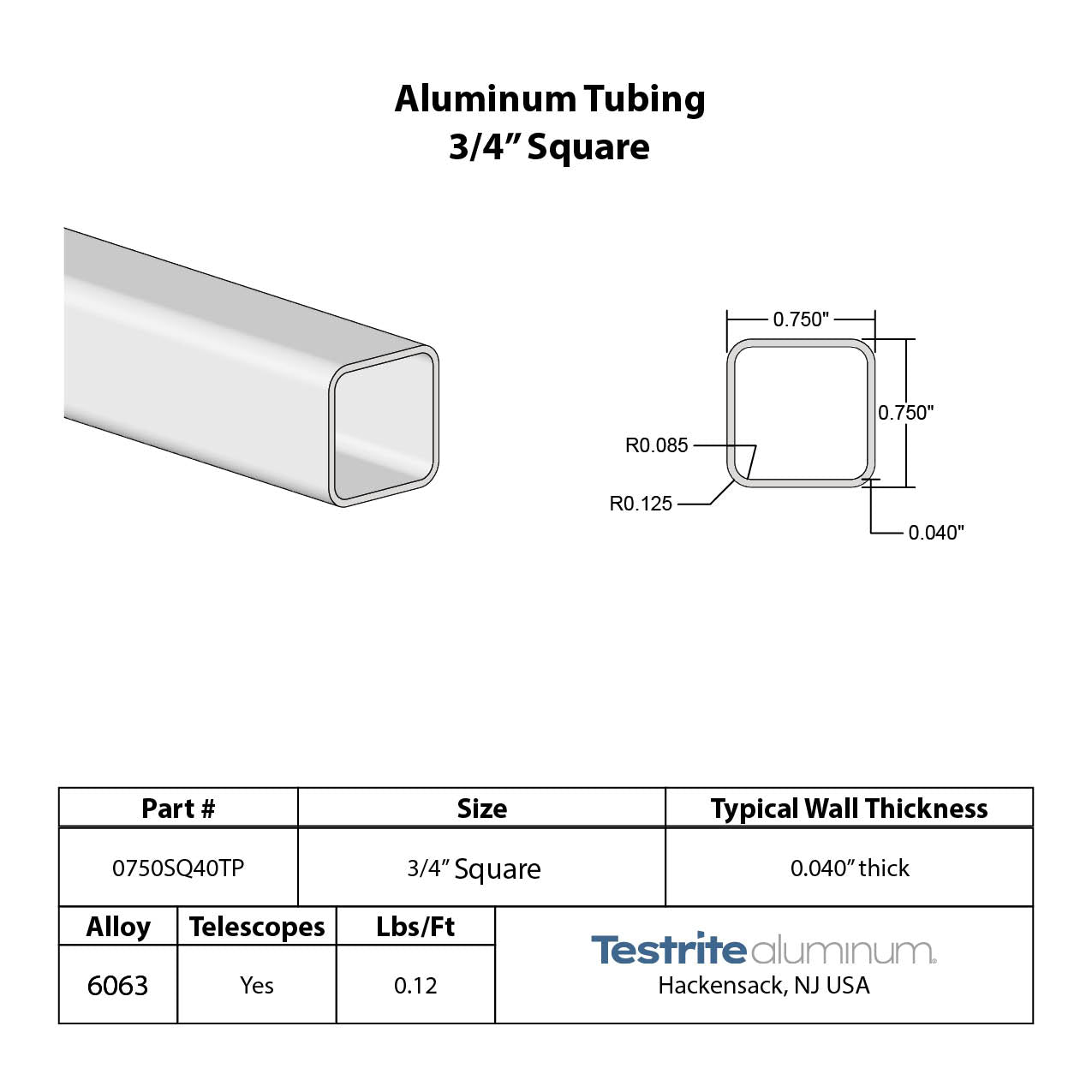 3/4" Square Aluminum Tubing Specification Sheet 0.75" Square Aluminum Hollow
