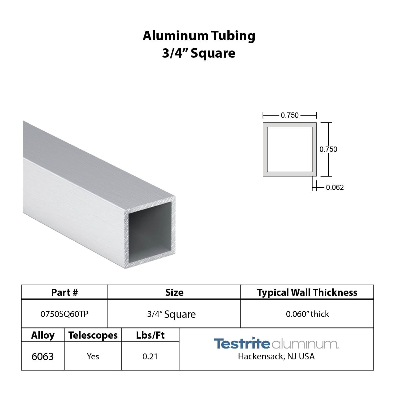 3/4" Square aluminum tube .060" Wall, 0.75" x .060" Square aluminum tube hollow extrusion