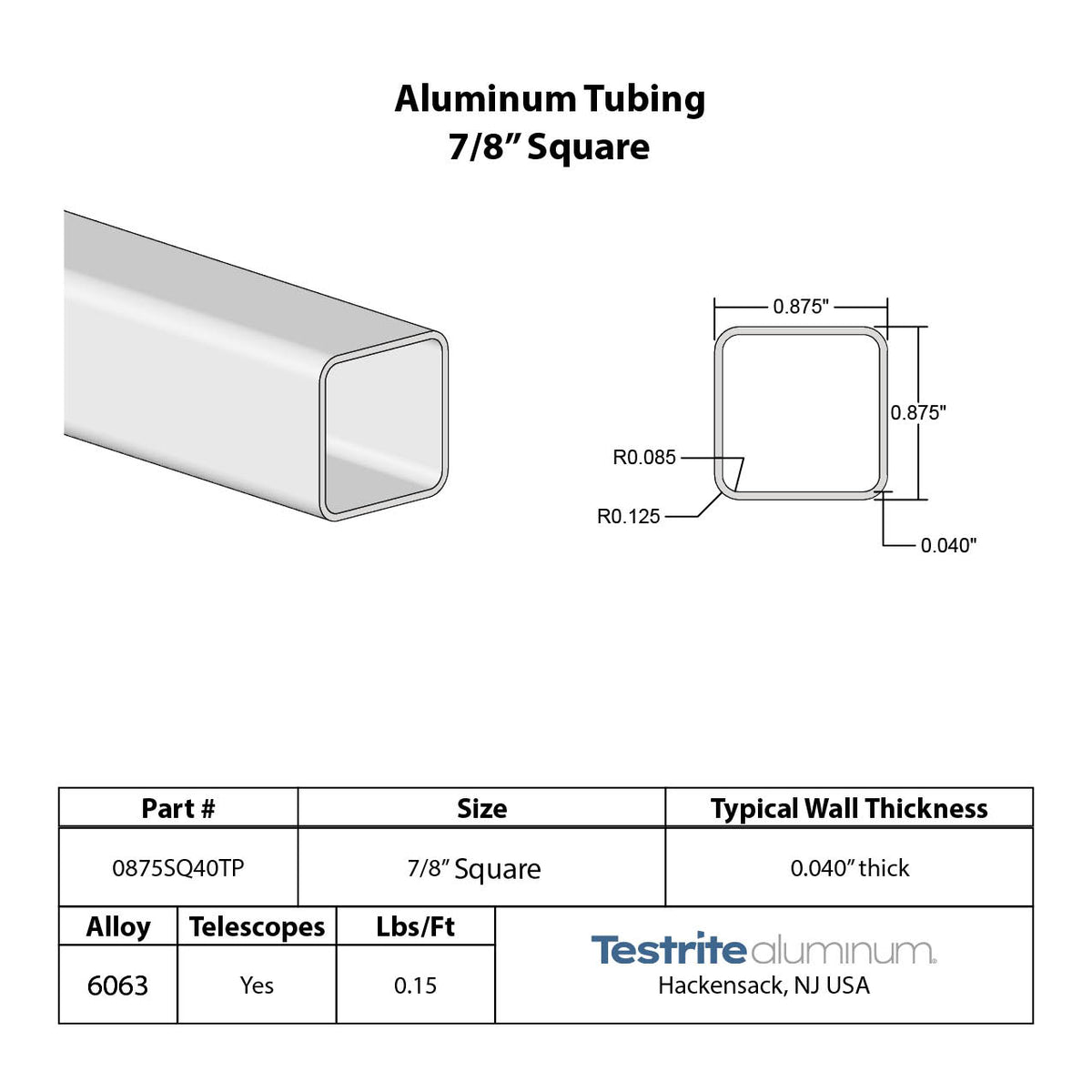 7/8" Square x .040” wall Telescopic compatible aluminum tube – Testrite ...