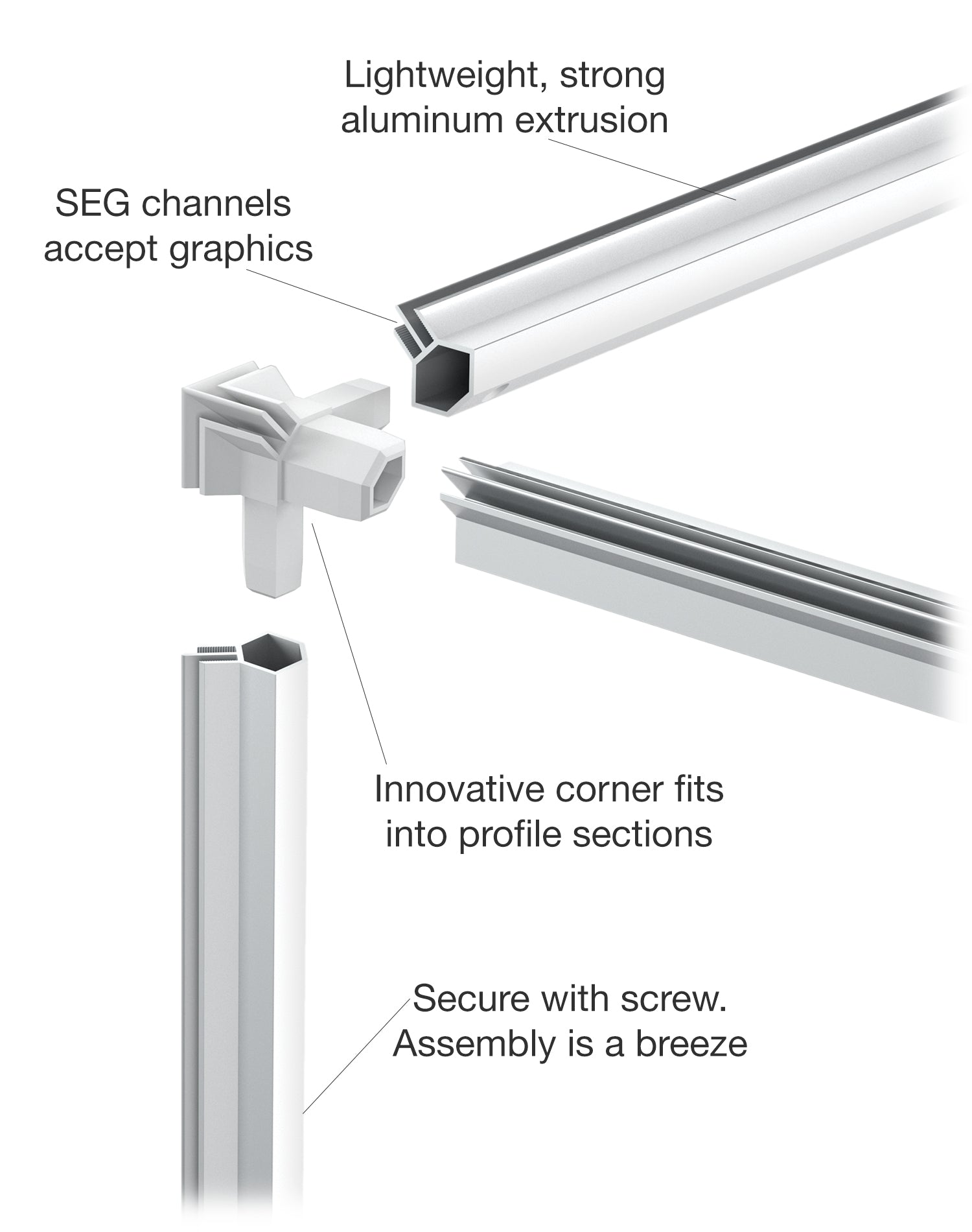 Illustration of how frame assembles. Corners sold separately. Drilling of holes not included