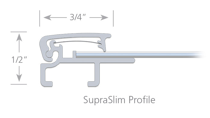 Side profile view showing narrow profile snapframe top, bottom, backer, graphic, and lens, only 1/2" thick Snapframe