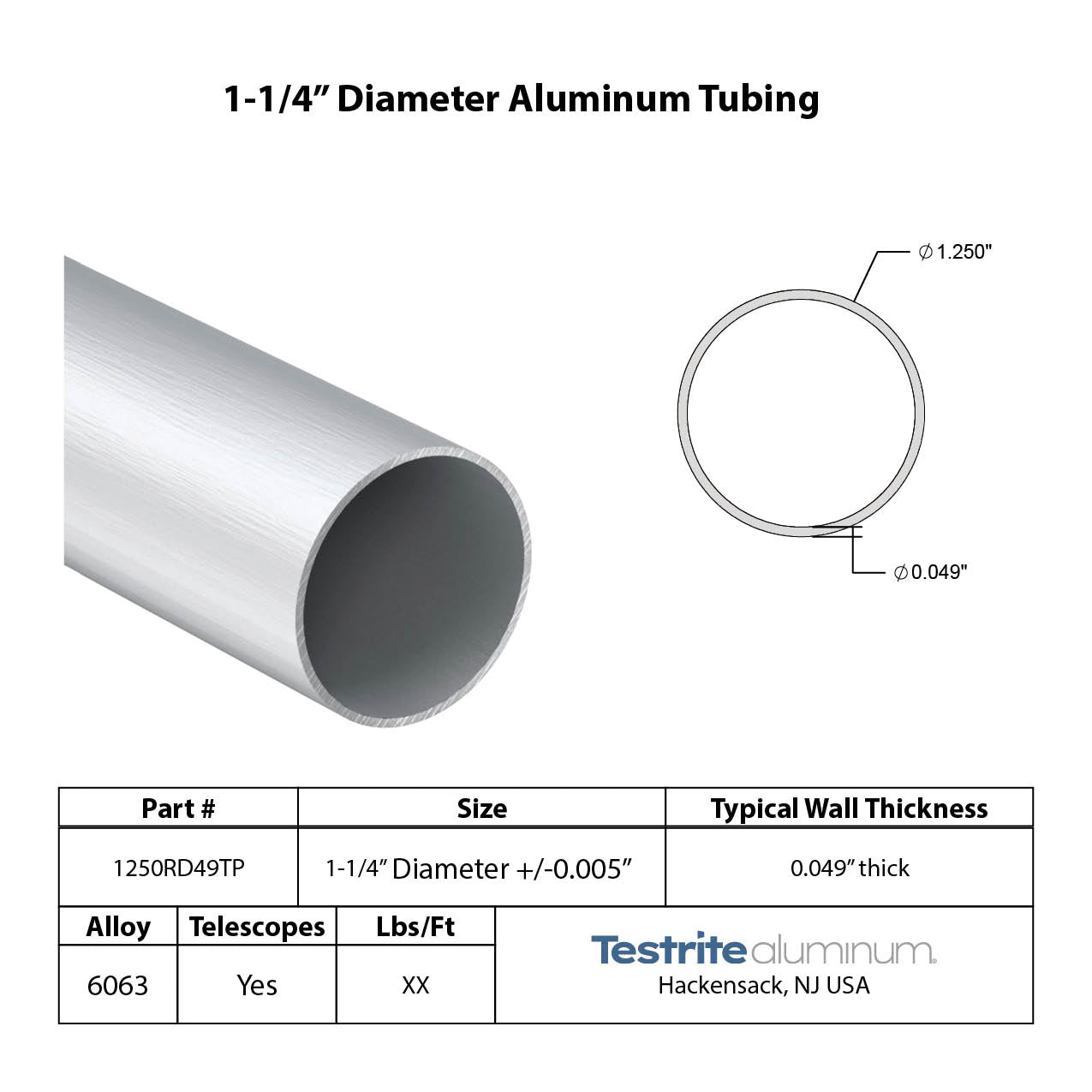 1-1/4" OD  x .049" Wall Round Aluminum Tubing Telescopic Compatible