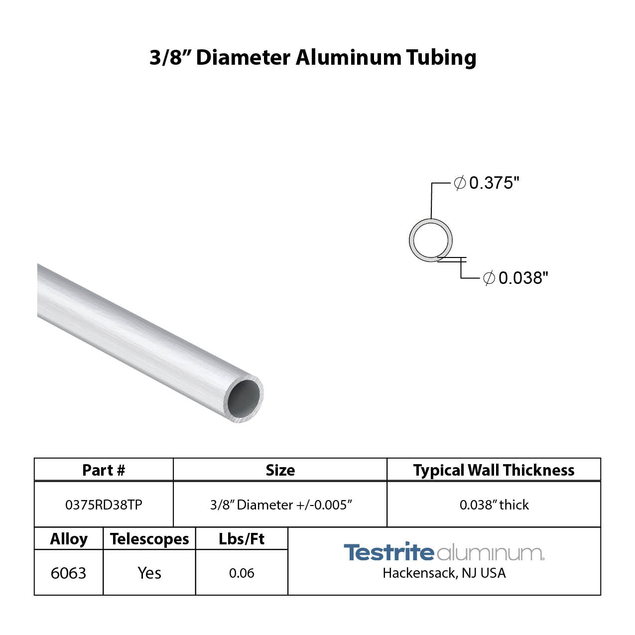3/8" Diameter drawn aluminum tubing print