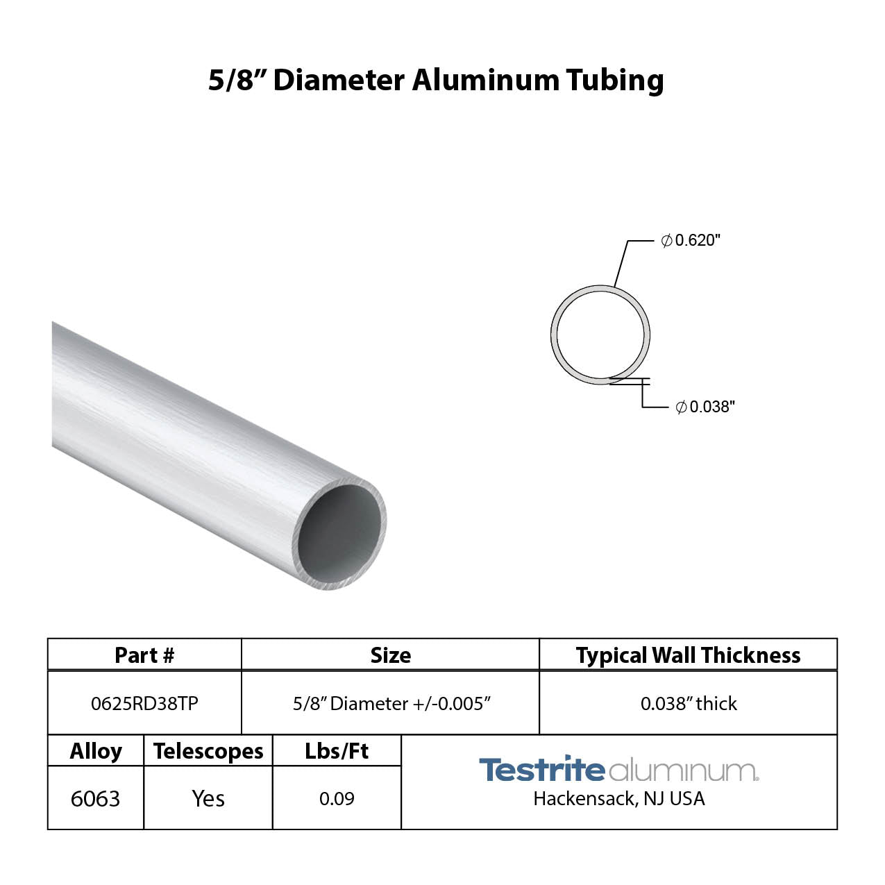 5/8" Diameter drawn aluminum tubing print .038" wall similar to.035" wall