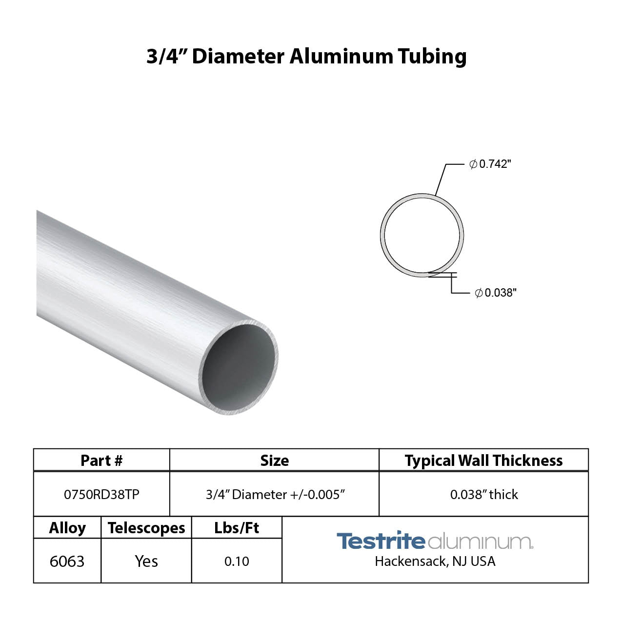 3/4" Diameter drawn aluminum tubing print .038" wall similar to.035" wall