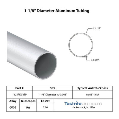 1-1/8" Diameter drawn aluminum tubing print .038" wall similar to .035" wall