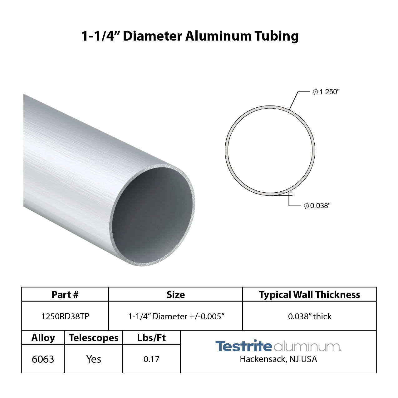 1-1/4" Diameter drawn aluminum tubing print .038" wall similar to .035" wall