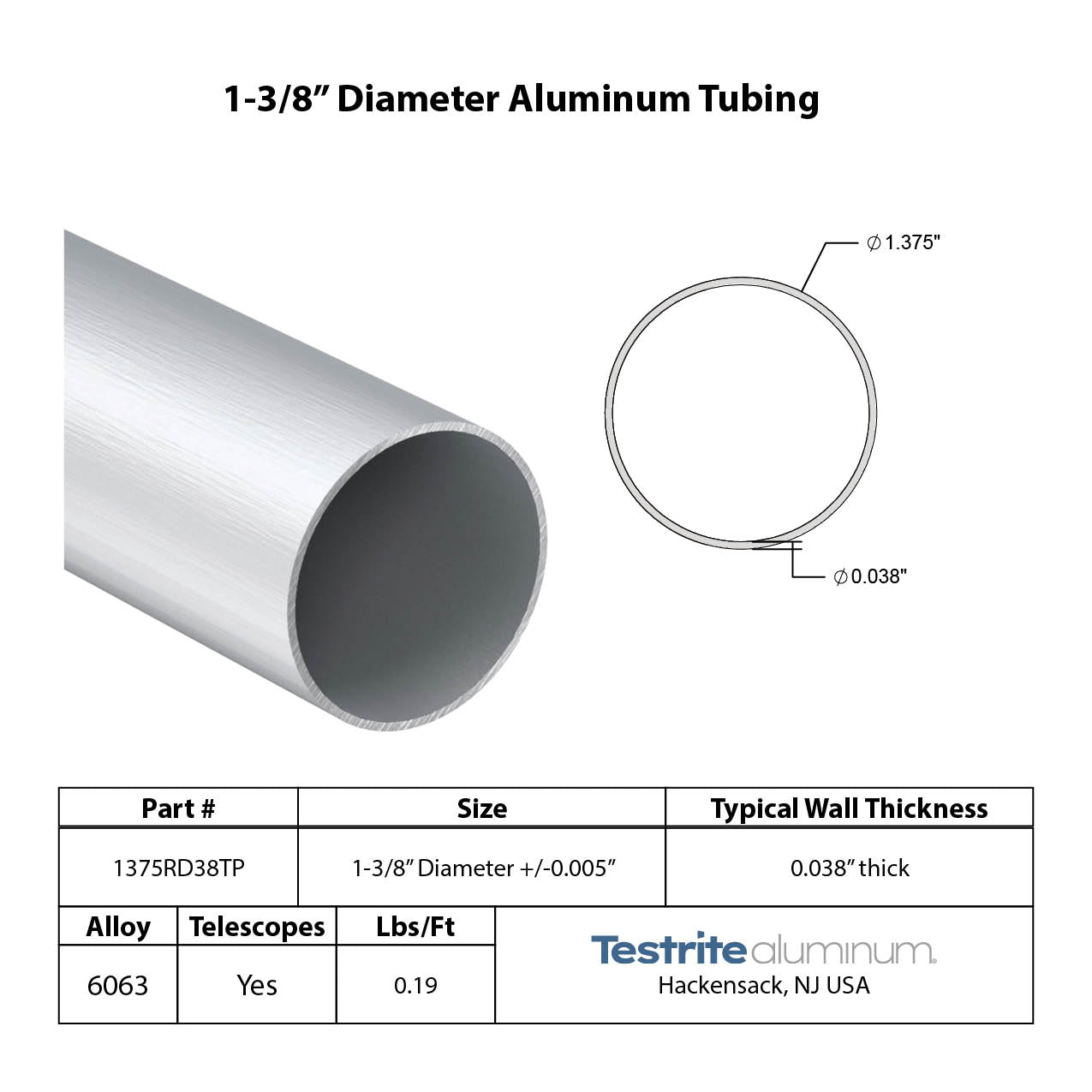 1-3/8" Diameter drawn aluminum tubing print .038" wall similar to .035" wall