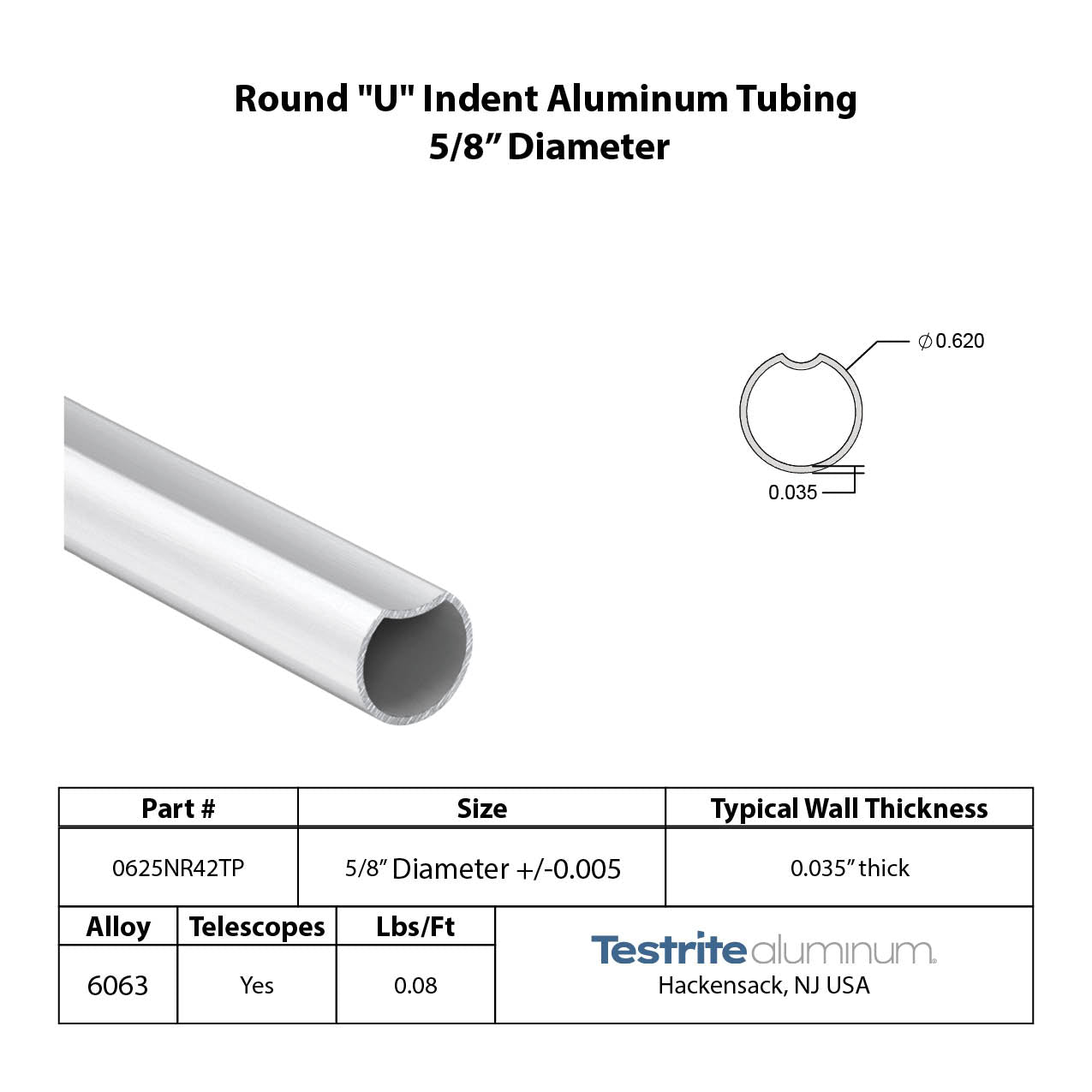 Specification sheet for 5/8" OD round U indent aluminum tube index key aluminum tubing .625 in diameter spec sheet thin wall 0625NR42TP