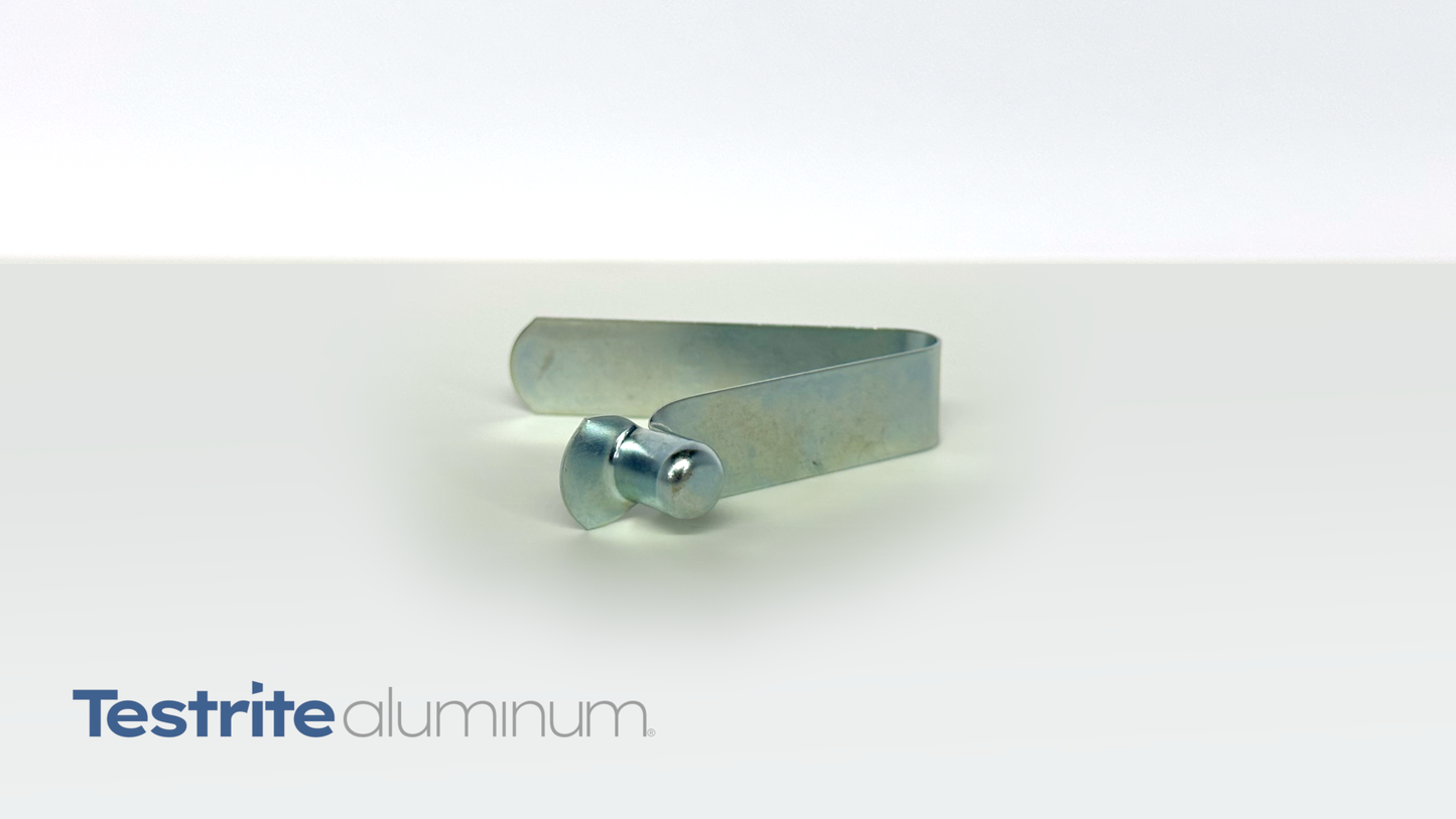 T140 Steel Spring Button for 3/4" OD 7/8" OD 1' OD 1-1/8" OD and 1-1/4" OD Tubing 0.75", 0.875", 1 inch, 1.125" OD 1.25" OD Tubing with 0.3" 5/16" diameter head x .038" or 3/8" high head, zinc plated steel straight leg angled view